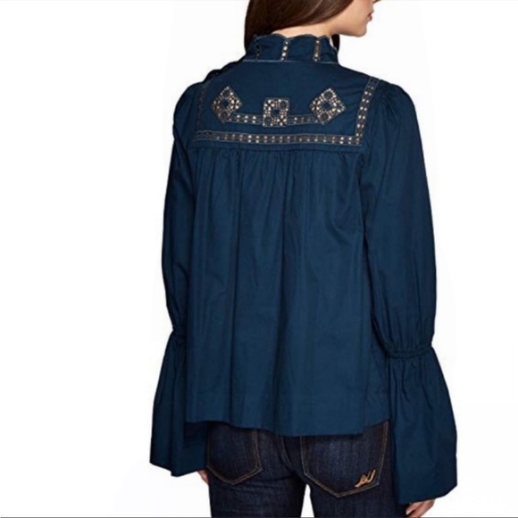 FREE PEOPLE Another Eternity Eyelet Bell Sleeve Top Blue - Picture 8 of 16